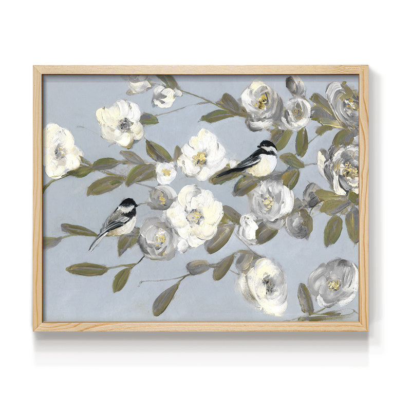 Chickadees and Blossoms I - Reproduction encadrée - Restickable, Naturel, H 11 po x l 14 po