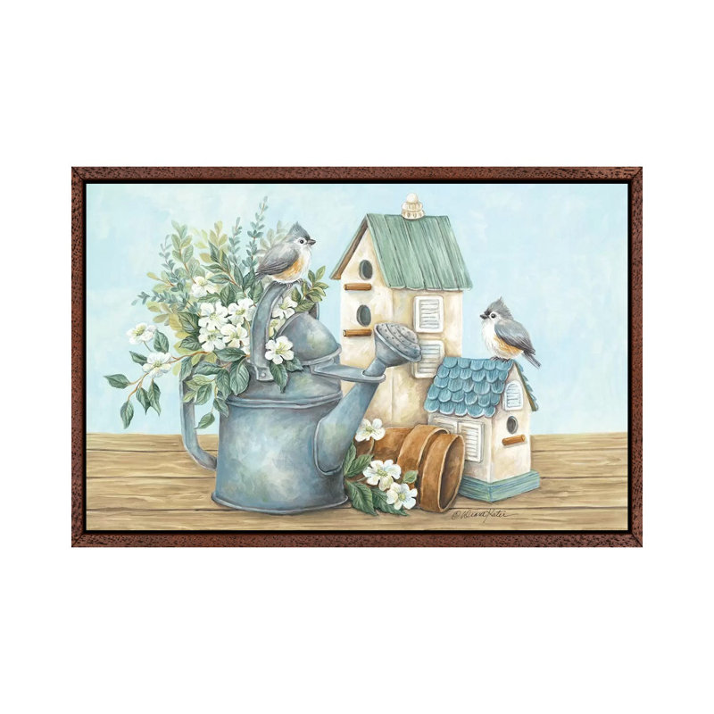 Watering Can and Chickadees 1 Piece Painting on Canvas, 101.6cm H x 152.4cm W x 3.81cm D, Classic Brown Wood Framed