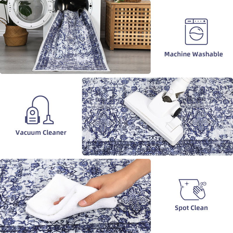 Non Slip Vintage Floral Floor Cover Non-Slip Thin Soft Retro Carpet Foldable Low-Pile Distressed Throw Rug for Dining Room Living Room Home Nursery