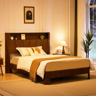 Full Xl Bed Frame Of Walnut , Charging Station In Storage Headboard, Wave - Shaped Panel And Silent Operation