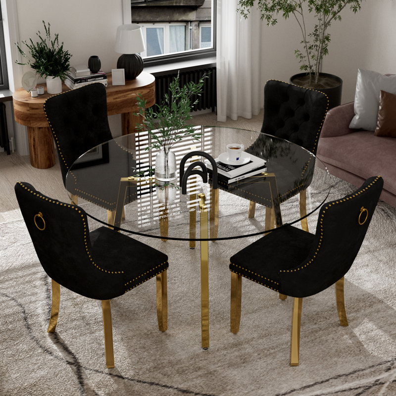 5-Piece Round Glass Dining Table Set, Black, Gold, 29.5"H x 42"L x 42"W