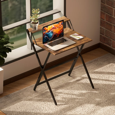 HOMCOM Folding Desk with Monitor Shelf Foldable