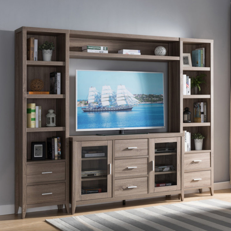 Tour média en bois antique avec deux tiroirs de rangement et quatre tablettes en taupe foncé