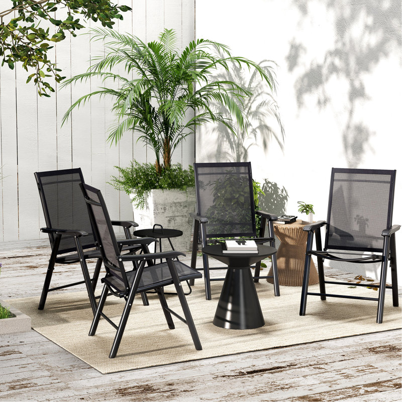 De 4 chaises de patio pliantes, chaises de salle à manger d'extérieur empilables avec accoudoirs. Caractéristique en métal robuste, sans assemblage, noir. Pour la pelouse, le camping, les repas, la plage. L 22,27 po x l 24,62 po x H 37 po, capacité 242 lb