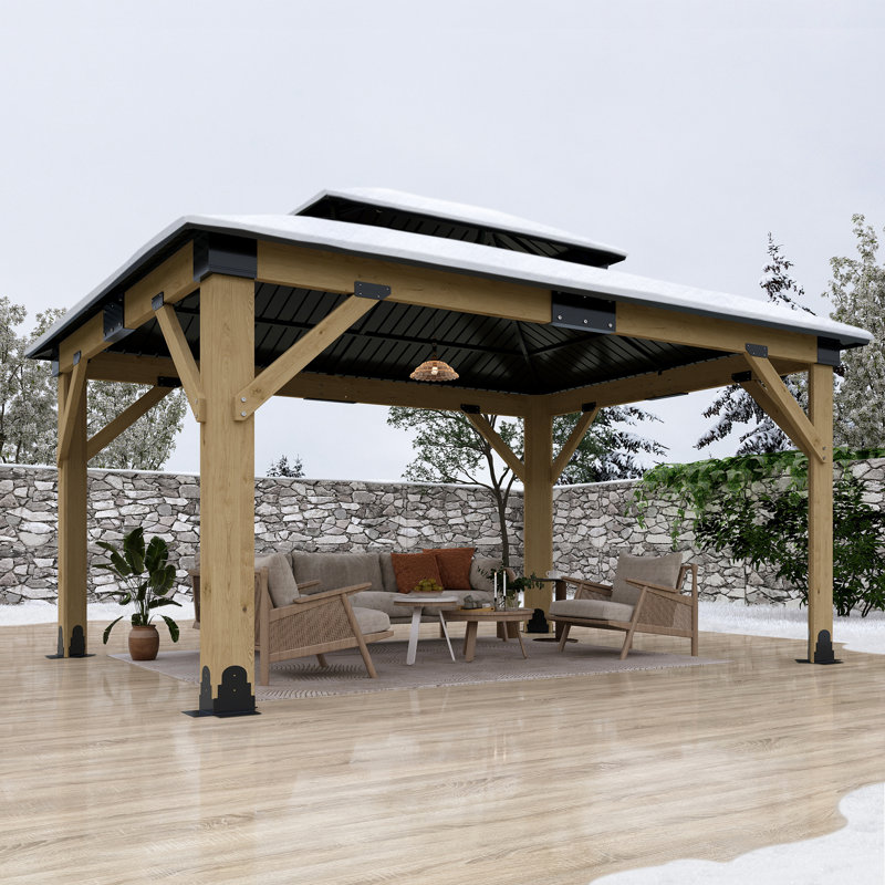  15 ft. W x 13 ft. D Wood Gazebo, Outdoor Patio Steel Hardtop Gazebo, Cedar Wood Gazebo with Double Metal Roof, Suitable for Patios, Lawn and Backyard