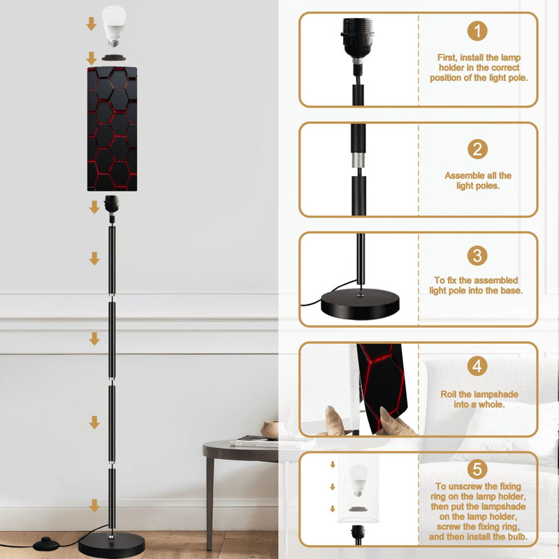 Lampe sur pied hexagonale grise rouge moderne à rendu 3D à intensité variable avec télécommande et pédale abat-jour abat-jour grand lampadaire pour salon chambre bureau