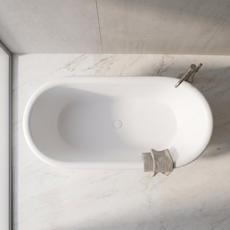 Baignoire de trempage autoportante à surface solide de 67 po avec base piédestal romaine élégante - Résine de pierre blanche matte