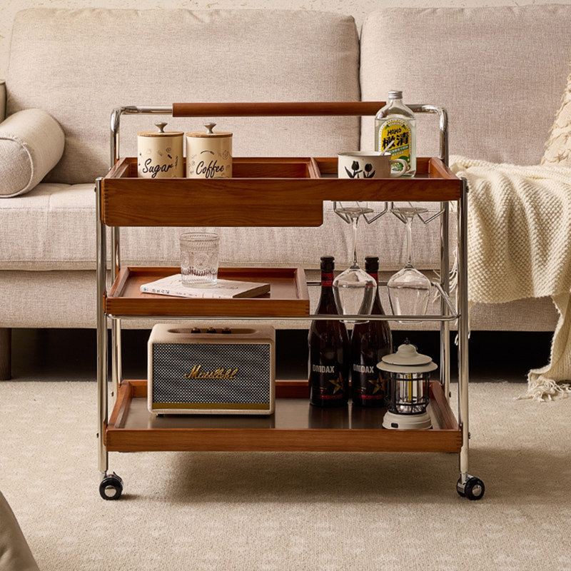 Chariot de service à roulettes en bois de frêne blanc 27,56 "à 3 niveaux avec cadre en métal galvanisé, porte-verres à vin et roulettes universelles, table d'appoint avec rangement et chariot de rangement de barware