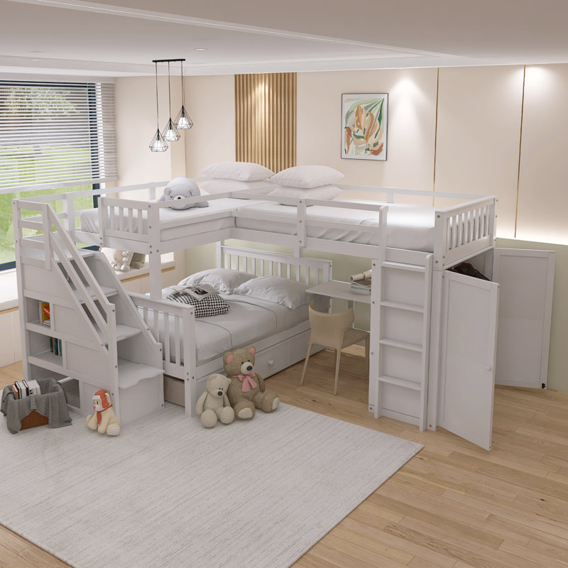 Twin-Twin over Full L-Shaped Bunk Bed with 3 Drawers, Portable Desk and Wardrobe, White