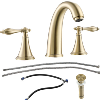 Robinet de salle de bain doré à 2 poignées - style espacé à 3 trous avec bonde escamotable et lignes d'alimentation en eau pour matériaux utilisés dans les lavabos Scratch Scratch