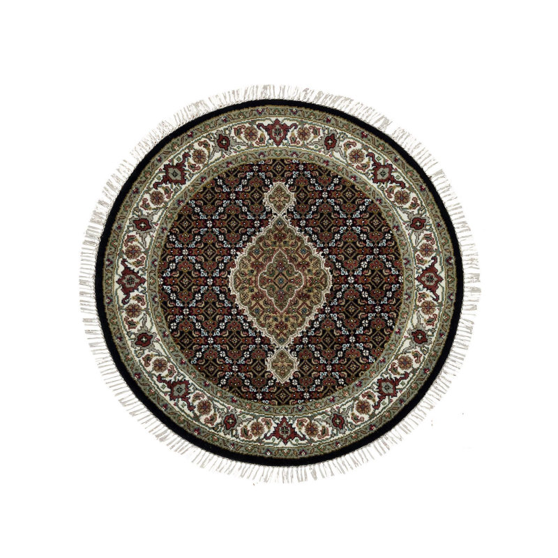 3'3"x3'3" Black Tabriz Mahi Fish Design 175 KPSI Hand Knotted Wool Unique Round Rug 0D47D264E38040BEBD37B51DD834BF32