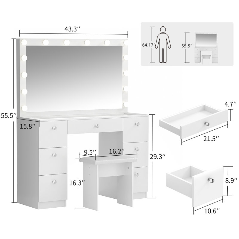 Greyden Makeup Vanity Set with Glass Table and Charging Station, Vanity Table with Lighted Mirror and 7 Drawers, Stool Included, for Bedroom