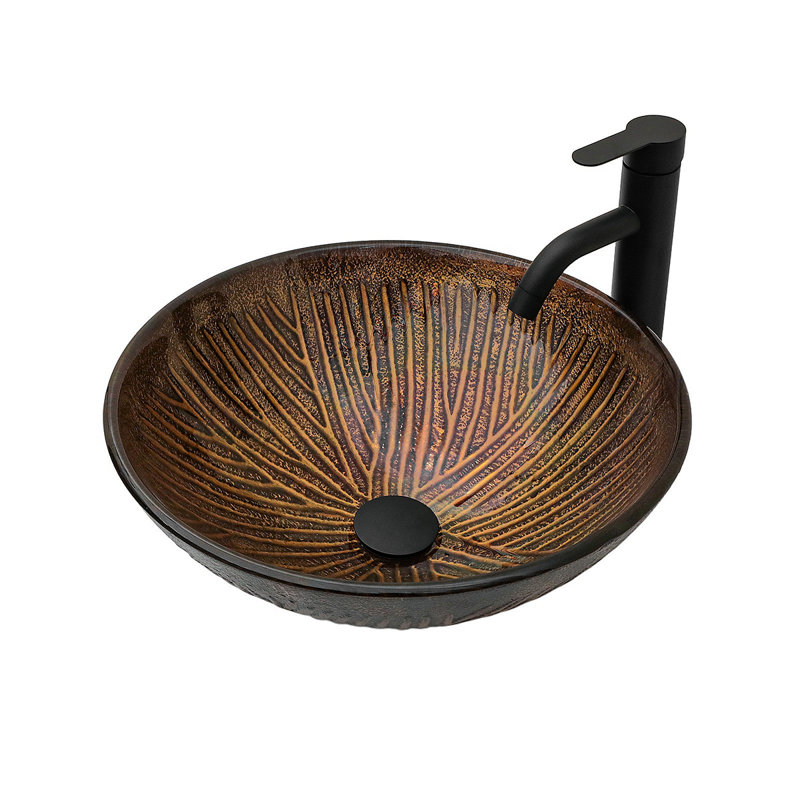 Lavabo vasque en verre trempé à motif de plumes artistique avec drain escamotable, meuble-lavabo ovale en verre trempé pour salle de bain (sans robinet)