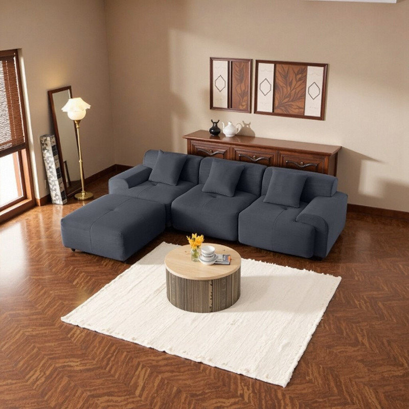 Canapé modulaire en forme de L de 113 po avec repose-pieds 3 places en velours côtelé, Gris