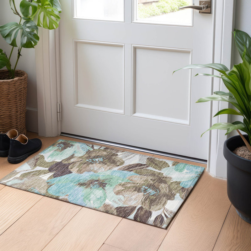 Khaki and Teal Floral Synthetic Washable Rug, 1'8" x 2'6"