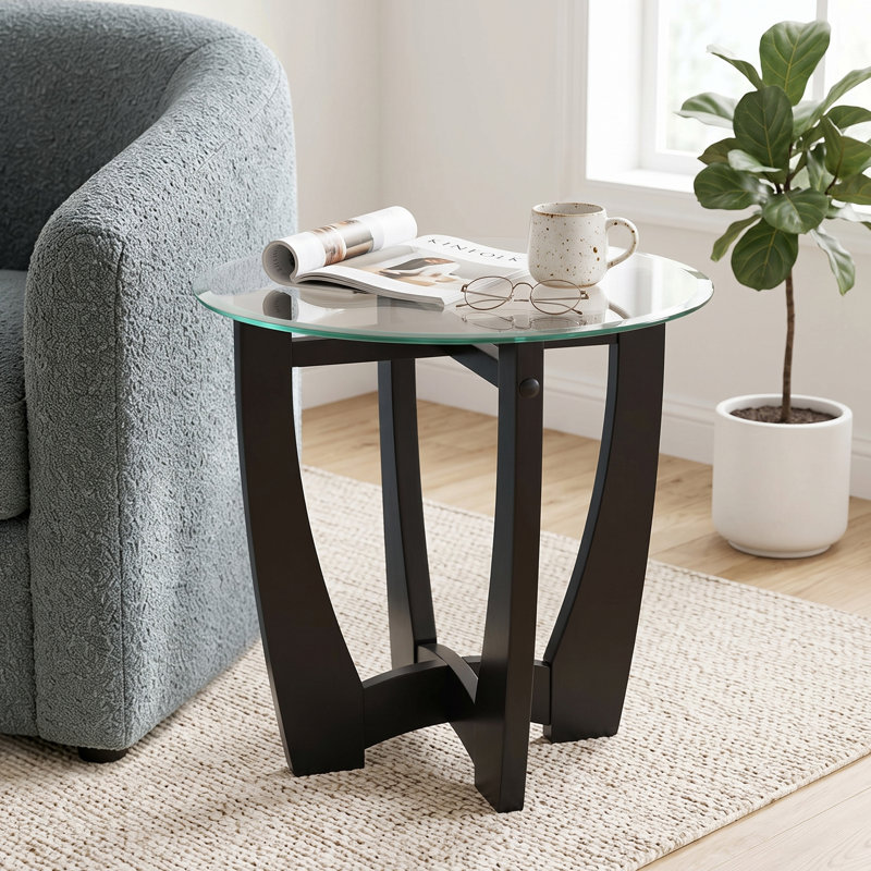 Table basse ronde en verre 23,5 po avec base en bois noir pour le salon et le bureau, Plateau transparent / base noire
