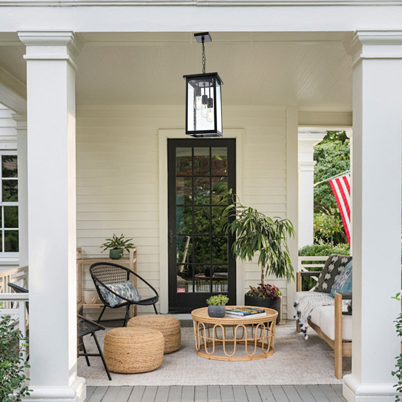 Modern Industrial Black Outdoor Pendant Light With Seeded Glass Panels, 3-Light Exterior Hanging Lantern With Adjustable Chain For Porch, Patio, Entryway And Gazebo, Weather-Resistant Farmhouse Ceiling Lighting Fixture In Matte Black Finish