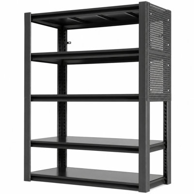 Bizoe Metal Storage Rack, 5 Tier Heavy Duty Shelving Unit with 2 Pegboards and Adjustable Shelves, T Shaped Slot Holes, Split Uprights, Garage Pantry Warehouse Storage, Black