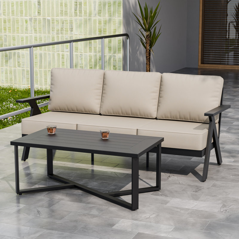 3- Person Outdoor Seating Group- Patio Sofa Couch with Coffee Table, Beige