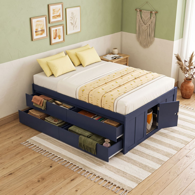 Cadre de lit plateforme à 4 tiroirs avec sommier à lattes et porte de rangement latérale, Full, Navy Blue