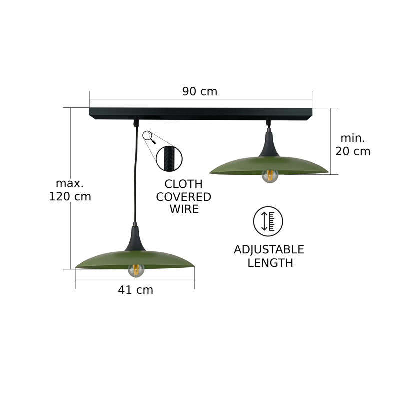 - Light Matte Black Dome Pendant, Black/Khaki, 2 Lights, 120cm H x 110cm W x 41cm D