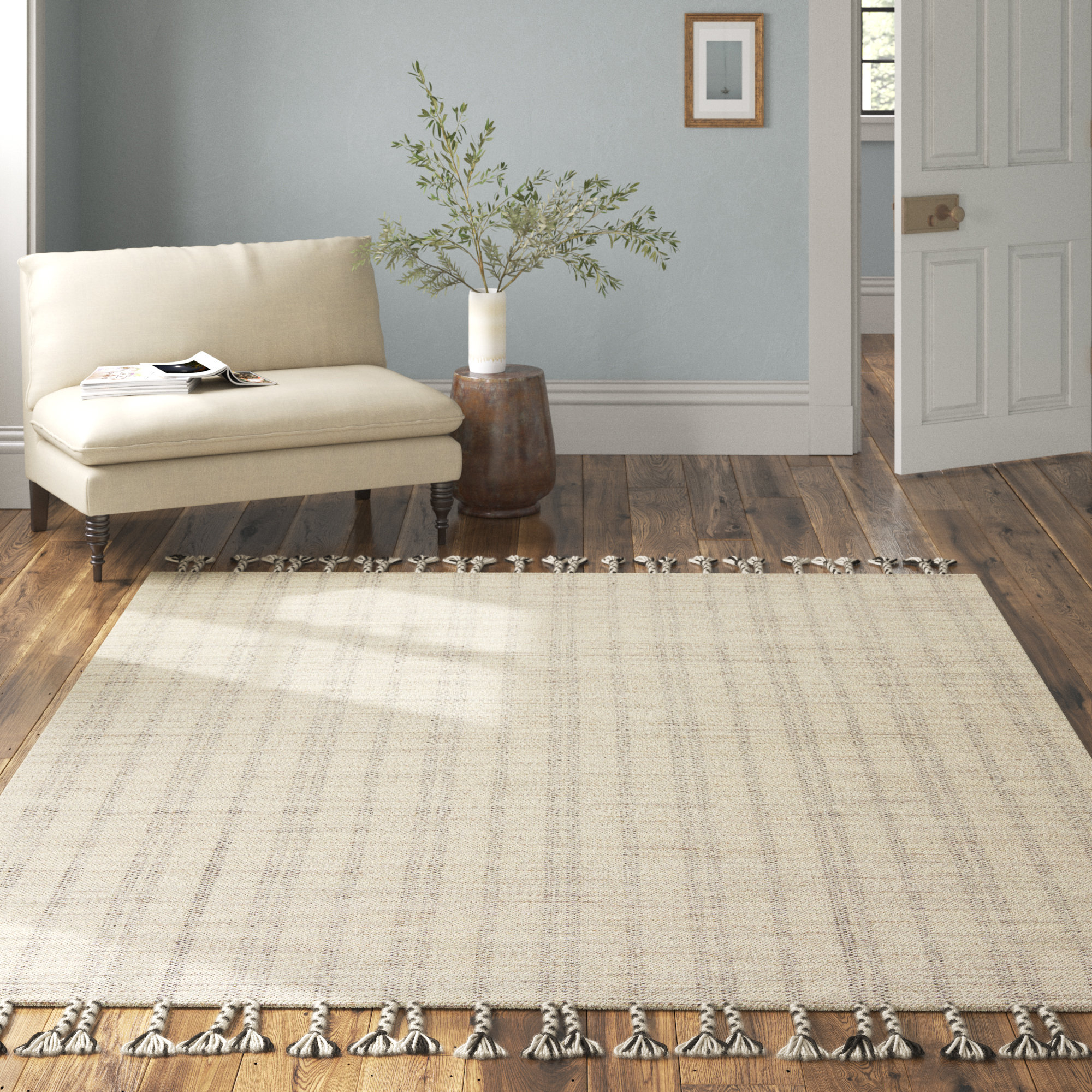 Ginevra Handmade Striped  Area Rug , Light Gray/Light Green, Rectangle 6' x 9'