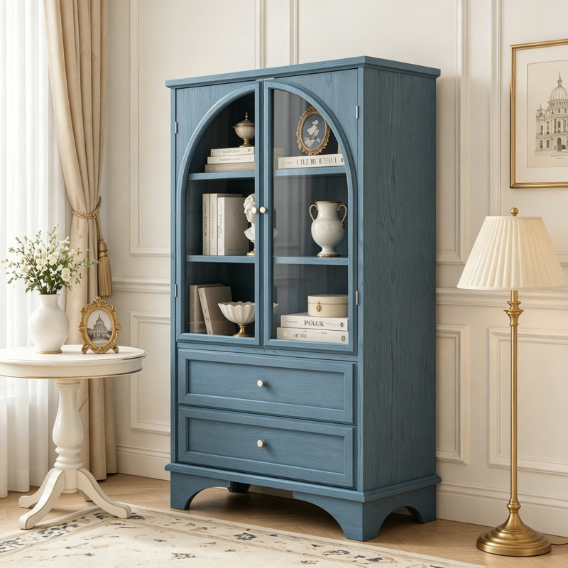 Vitrine à porte en verre avec 2 tiroirs et tablette réglable, Blue