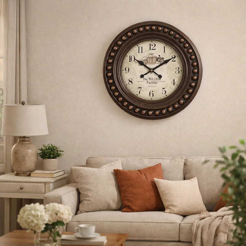 Horloge murale, cadre rond perlé en relief de 20 pouces, brun antique