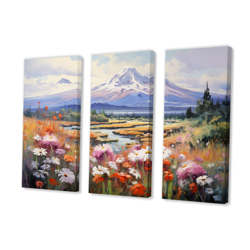 Fleurs saisonnières dans un paysage de montagne - ensemble de reproductions d'art mural, H 40 po x l 60 po x P 1 po