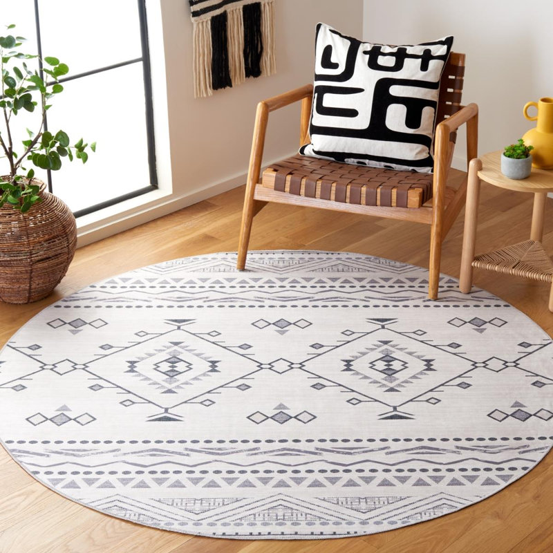 Arizona Lomanto Machine Washable Non-Slip White & Grey Rug, Round 183cm