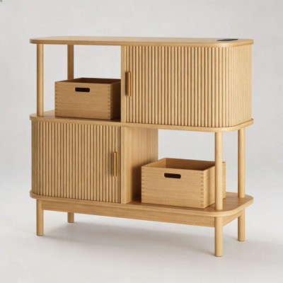 Mid Century Modern Record Player Stand With Charging Station, Large Vinyl Record Storage Cabinet With Sliding Doors For Living Room, Holds 400+ Records