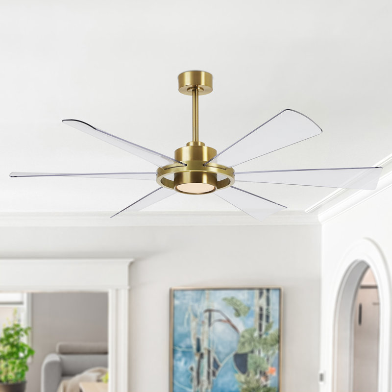 Grand ventilateur de plafond moderne 60 po avec lumières DEL et télécommande, Clair, Doré