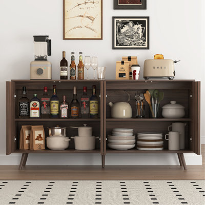 Sideboard Buffet Cabinet with Storage, Long Sideboard Storage Cabinet with 4 Doors, Wood Credenza Console Coffee Bar Cabinets with Adjustable Shelves for Living Room Kitchen Dining Room Walnut