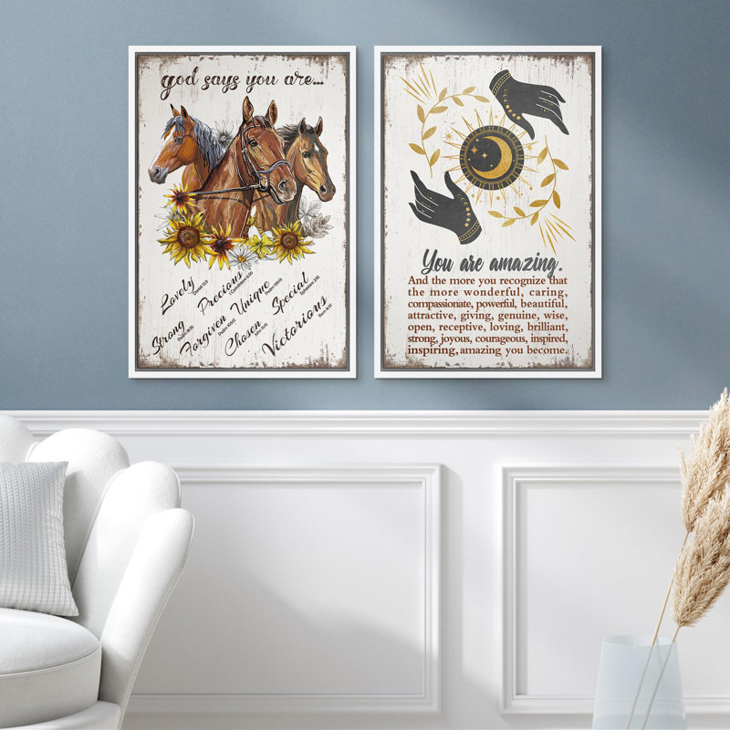 Inspirant trio de chevaux de beauté et de citations inspirantes, art moderne, décoration murale, 2 pièces, Blanc