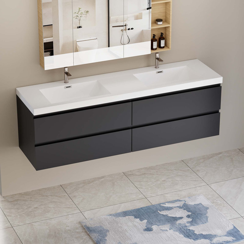 Meuble-lavabo flottant 72 po avec lavabo 72 po, Noir, noir, noir, noir