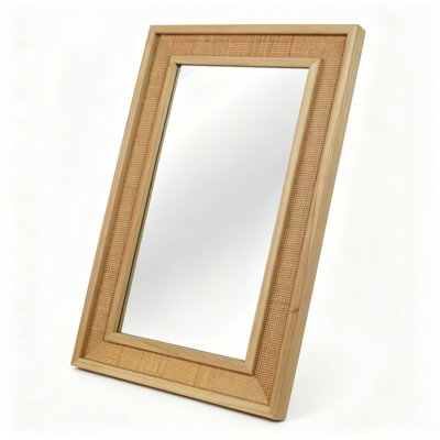 Rectangular wall accent mirror, natural wood solid wood rattan frame 24 x 36 inch decorative mirror