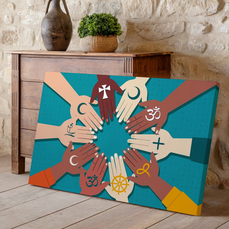 Toile, une illustration numérique vibrante mettant en vedette un cercle de mains variées représentant chacune un art mural sur toile différent
