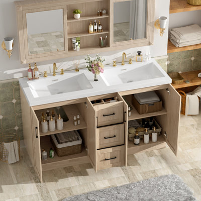 Meuble-lavabo double 59 po avec lavabo SMC, 4 portes et 3 tiroirs, meuble-lavabo moderne en bois aggloméré avec tablettes réglables, portes à fermeture en douceur et glissières cachées