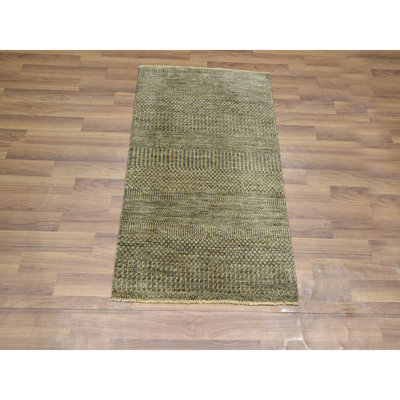 Tapis brun 2 pi x 3 pi, motif d'herbe moderne, noué à la main, laine avec touche de soie, ton sur ton, luxuriant et moelleux, tapis, échantillon, tapis oriental