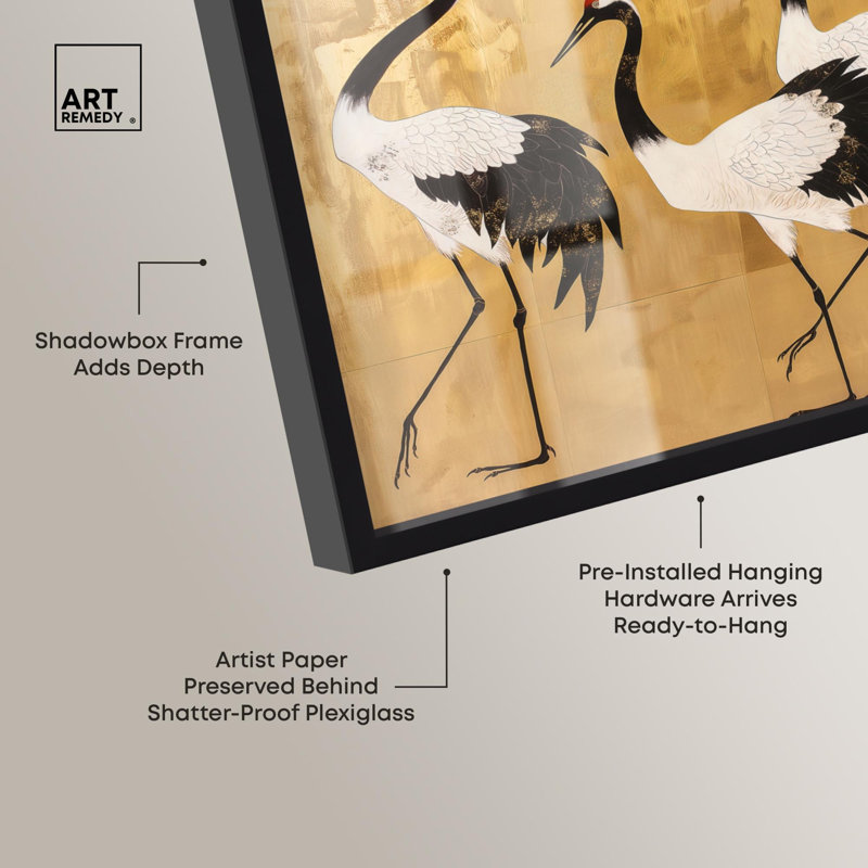 Birds of Gold Shadowbox Print Vintage Art par Art Remedy, H 17 po x l 25 po, Noir