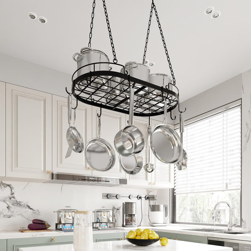 Support à casseroles en métal de 24,4 po, support à casseroles ovale suspendu avec crochets, support à casseroles de plafond robuste avec grille, supports à casseroles et casseroles pour ustensiles de cuisine, articles de toilette, assemblage facile,