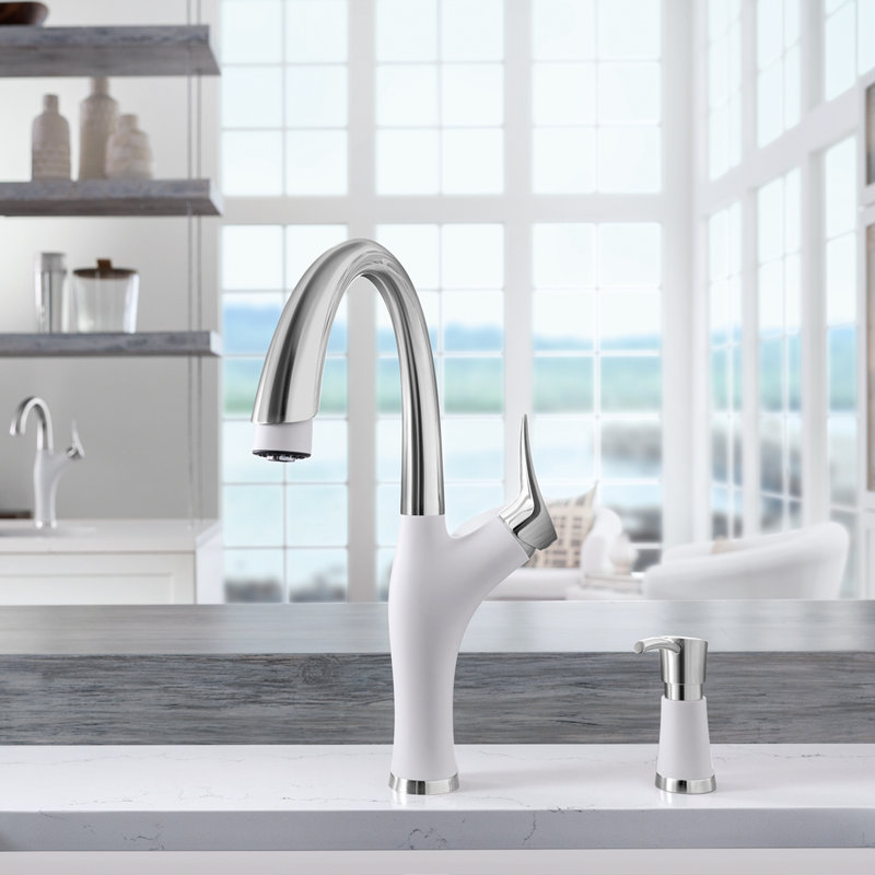 Artona Pull-Down Dual-Spray Bar Faucet - PVD Steel/White, 1.5 GPM, White