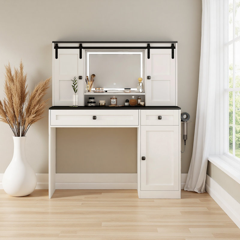 Farmhouse Dressing Table Makeup Table, 43" Wide Dressing Table With Lighted Mirror And Makeup Drawer, Large Modern Dressing Table Set With Hair Dryer Holder For Bedroom