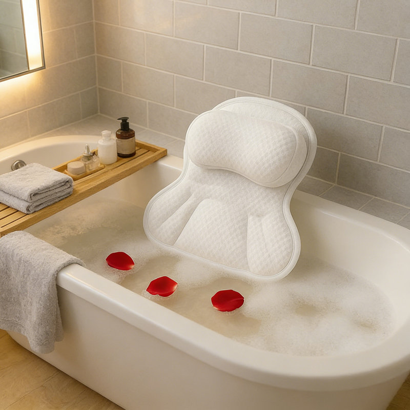 Oreiller de bain de luxe pour baignoire et spa - Coussins en filet 4D avec ventouses antidérapantes - Appui-tête très doux pour le soutien de la tête, du cou et du dos - Lavable à la machine et séchage rapide en blanc