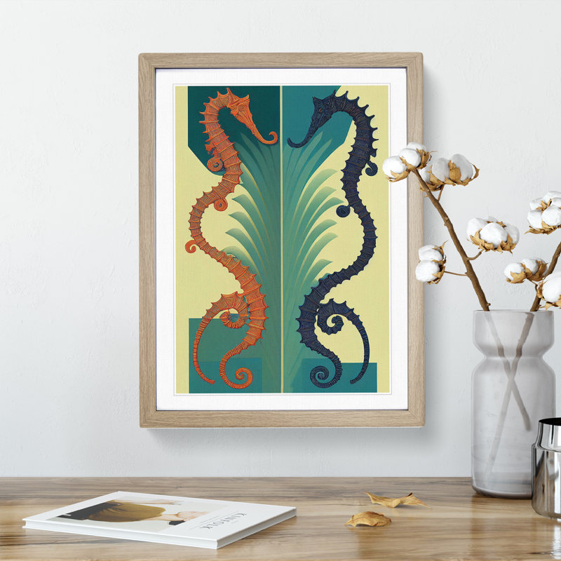 Two Seahorses - Wall Art, 36cm H x 27cm W, Oak Picture Frame, White