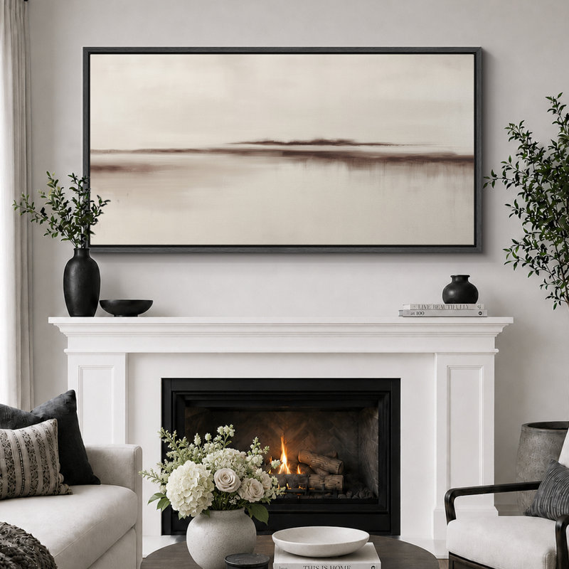 «Minimalist Neutral Horizon Abstract Landscape Calm», très grande impression sur toile encadrée, H 30 po x l 60 po, Noir