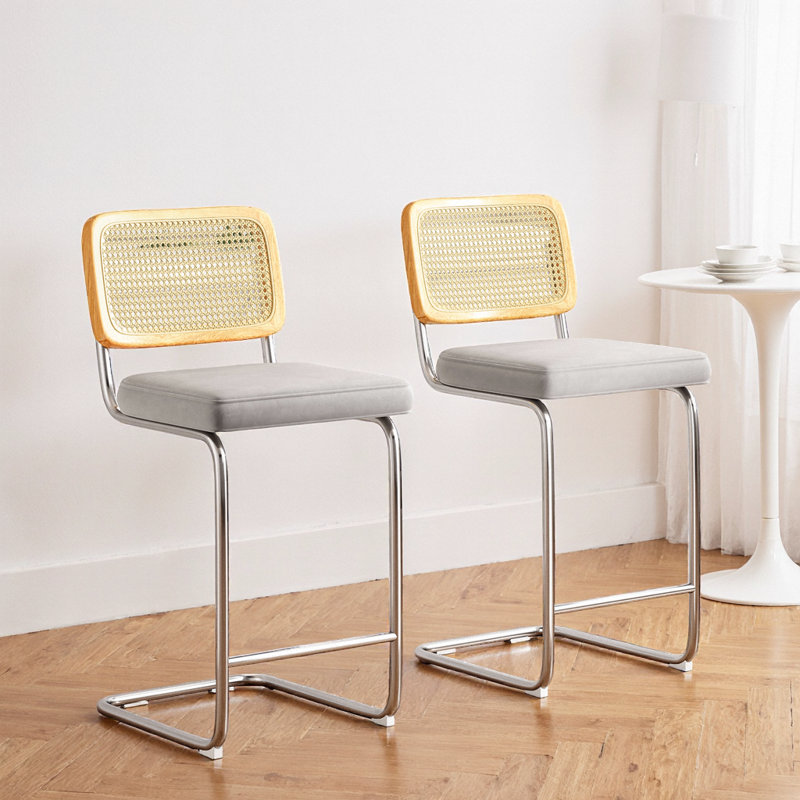 Ensemble de 2 tabourets de bar modernes en velours de rotin gris clair pour îlot de cuisine à hauteur de comptoir