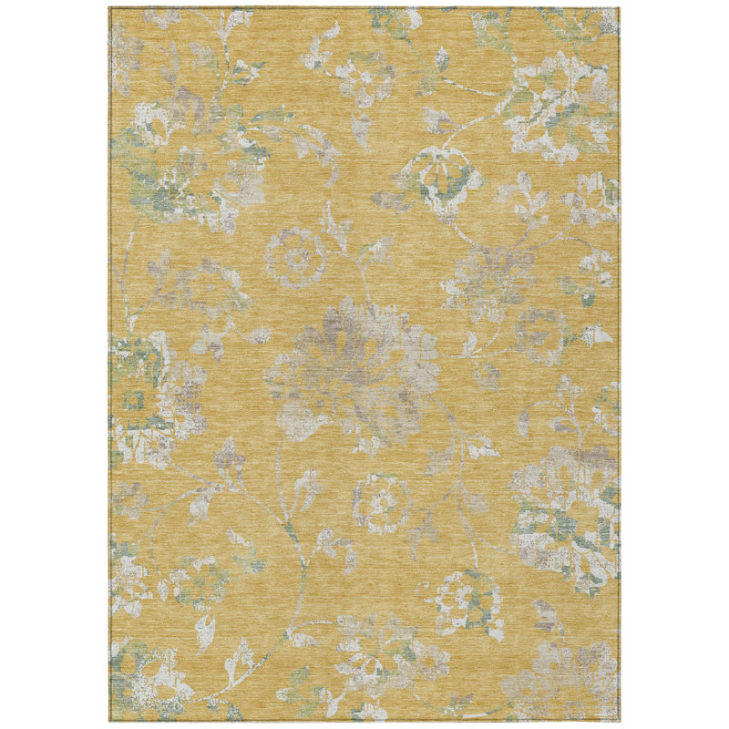 Tapis extérieur lavable floral beige doré et vert fougère 5 pi x 8 pi