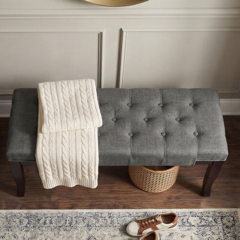 Banc rembourré en bois massif, Tissu gris