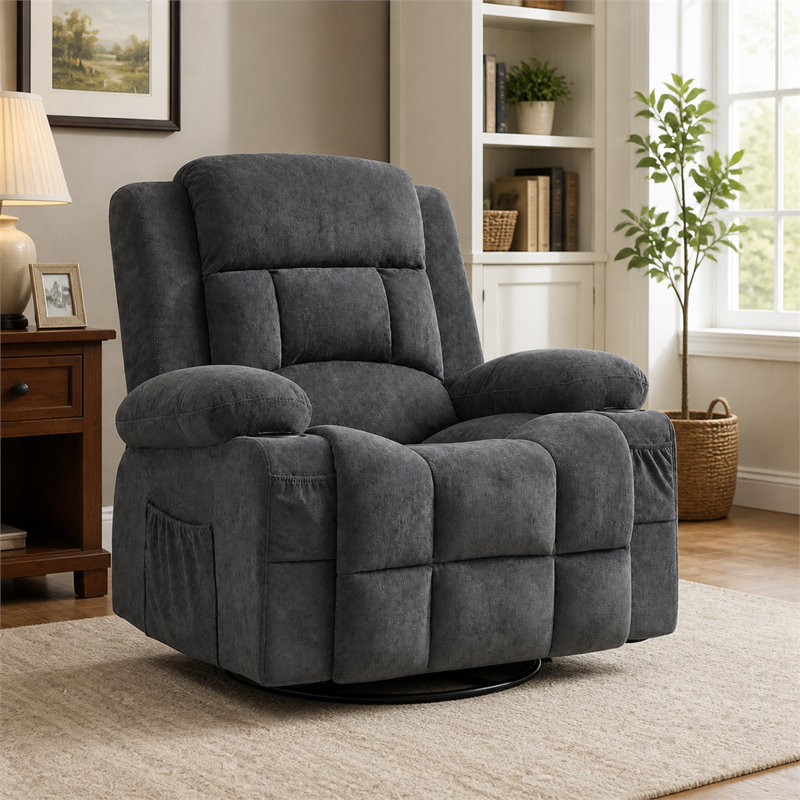 Fauteuil inclinable pivotant à bascule avec massage par vibration et chauffage lombaire, tissu gris, Fabric, Grey